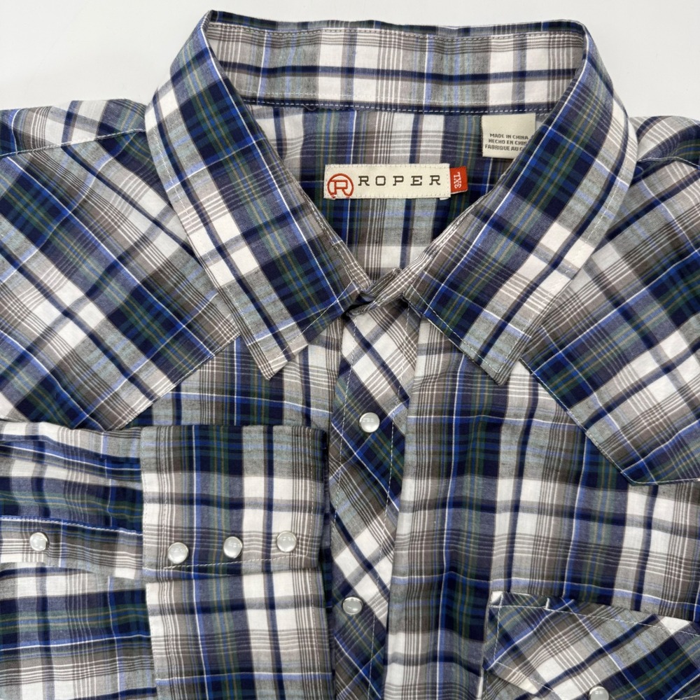 Roper Western Shirt Mens 3XL Blue Green Plaid Pearl Snap Long Sleeve 101-101-745